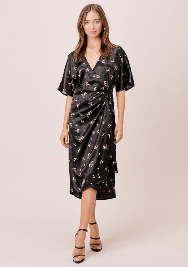 [Color: Black/Lavender] Lovestitch floral printed, short sleeve midi dress with pleated side detail.