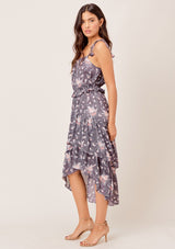 [Color: Charcoal/Mocha] Lovestitch charcoal/mocha floral printed, tiered high-low dress with tie straps & ruffled details.