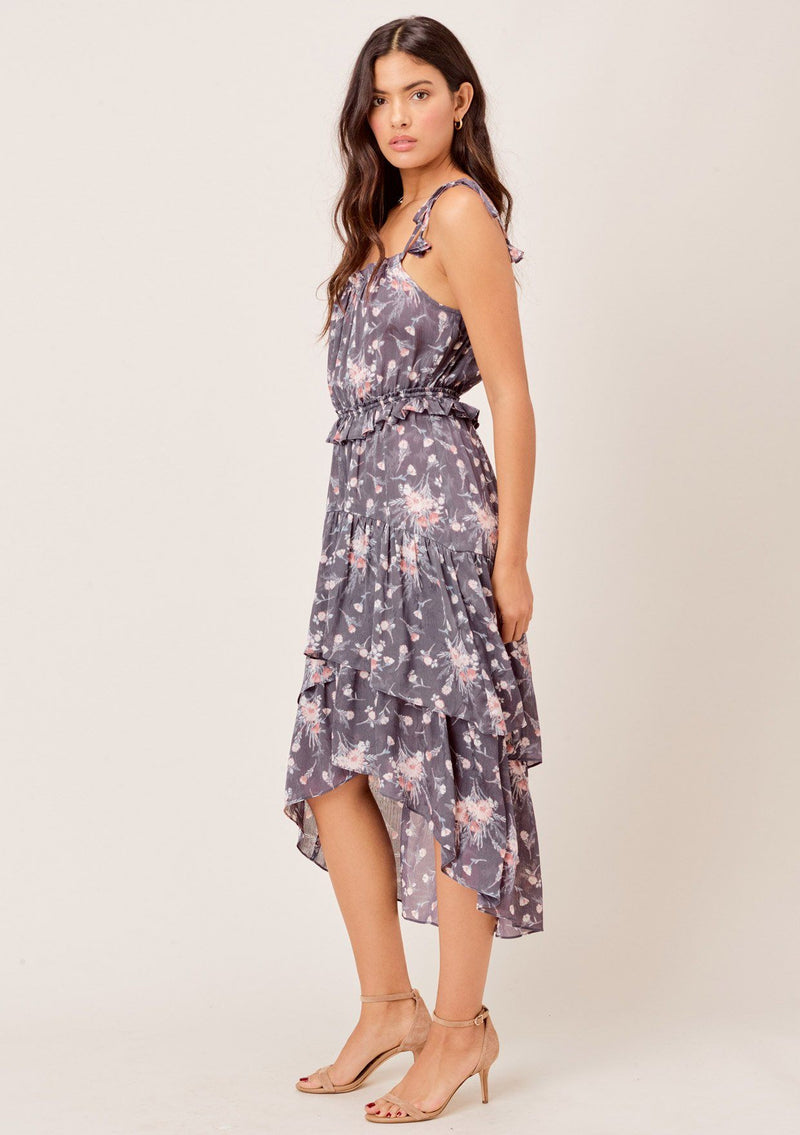Nieva Floral Tie Strap Midi Dress Charcoal/Mocha / S Nieva Floral Tie Strap Midi Dress Charcoal/Mocha / S