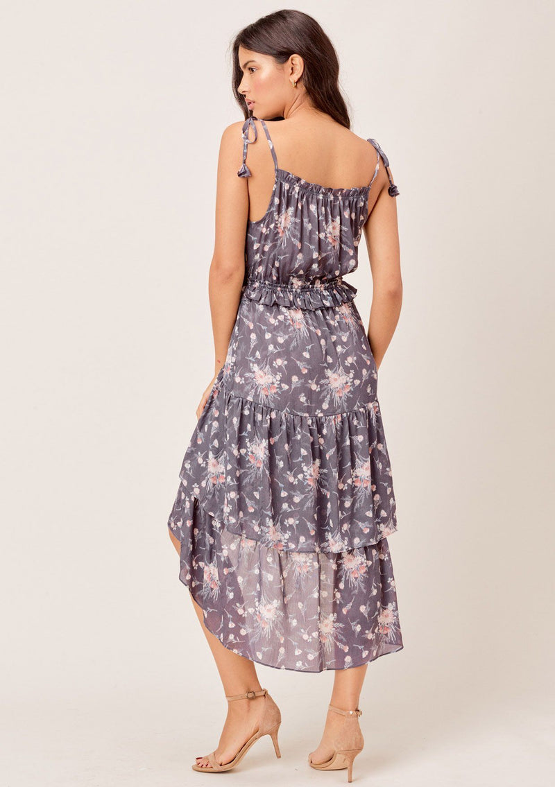 [Color: Charcoal/Mocha] Lovestitch charcoal/mocha floral printed, tiered high-low dress with tie straps & ruffled details.