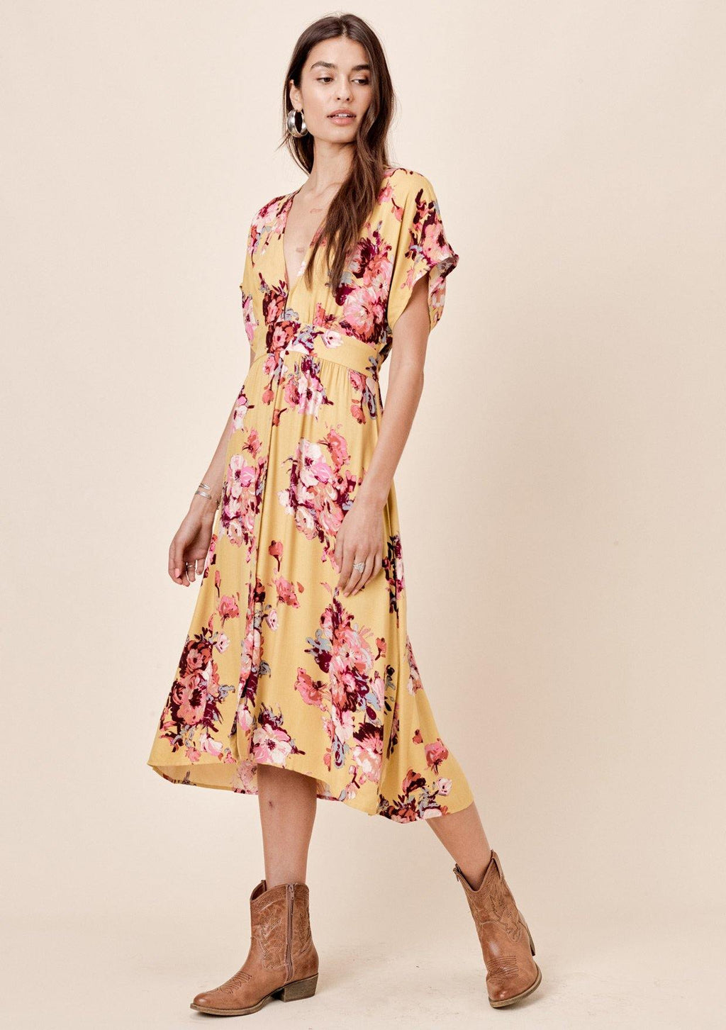 Rosella Floral Tie Back Dress Mustard/Plum / M Rosella Floral Tie Back Dress Mustard/Plum / M