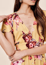 [Color: Mustard/Plum] Lovestitch Mustard brush stroke floral printed, tie-back midi dress with empire waist. 