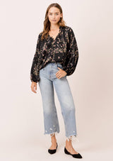 [Color: Black] Lovestitch floral printed, long sleeve top with ruffled neck detail and tie neck detail