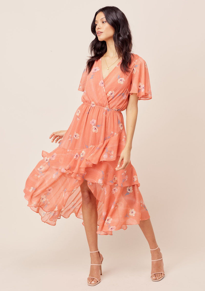 [Color: Apricot/Peach] Lovestitch Apricot/Peach Floral printed, short sleeve, surplice maxi dress with ruffled details and front slit. 