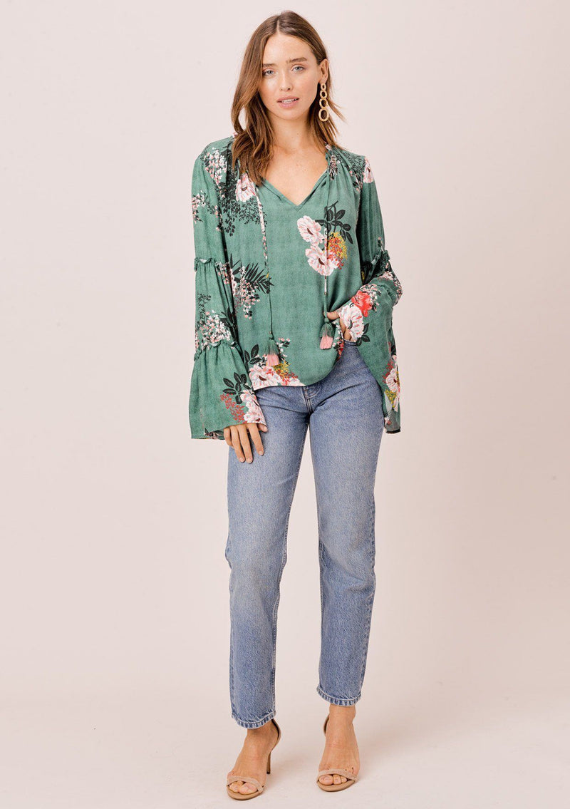 [Color: Sage] Lovestitch sage green Floral printed, bell sleeve, bohemian top with tie neck and ruffle details. 