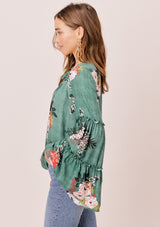 [Color: Sage] Lovestitch sage green Floral printed, bell sleeve, bohemian top with tie neck and ruffle details. 