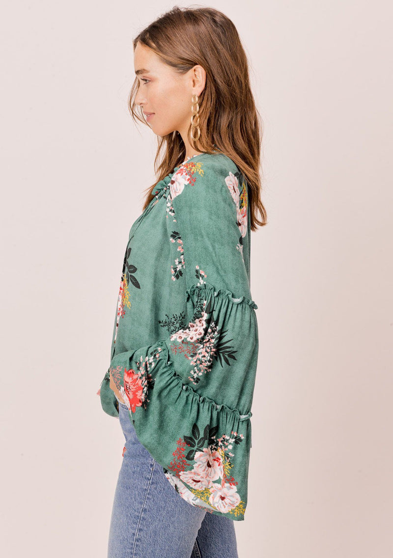 [Color: Sage] Lovestitch sage green Floral printed, bell sleeve, bohemian top with tie neck and ruffle details. 
