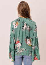 [Color: Sage] Lovestitch sage green Floral printed, bell sleeve, bohemian top with tie neck and ruffle details. 