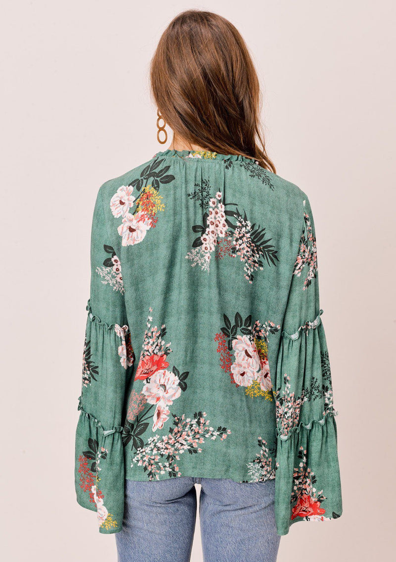 [Color: Sage] Lovestitch sage green Floral printed, bell sleeve, bohemian top with tie neck and ruffle details. 
