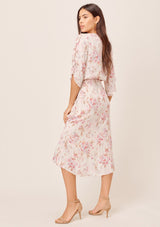 [Color: Cream/Carnation] Lovestitch cream/carnation Watercolor floral printed, tulip sleeve midi dress with ruffled details, lurex and high-low hem.