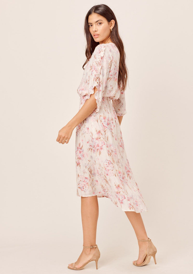 [Color: Cream/Carnation] Lovestitch cream/carnation Watercolor floral printed, tulip sleeve midi dress with ruffled details, lurex and high-low hem.