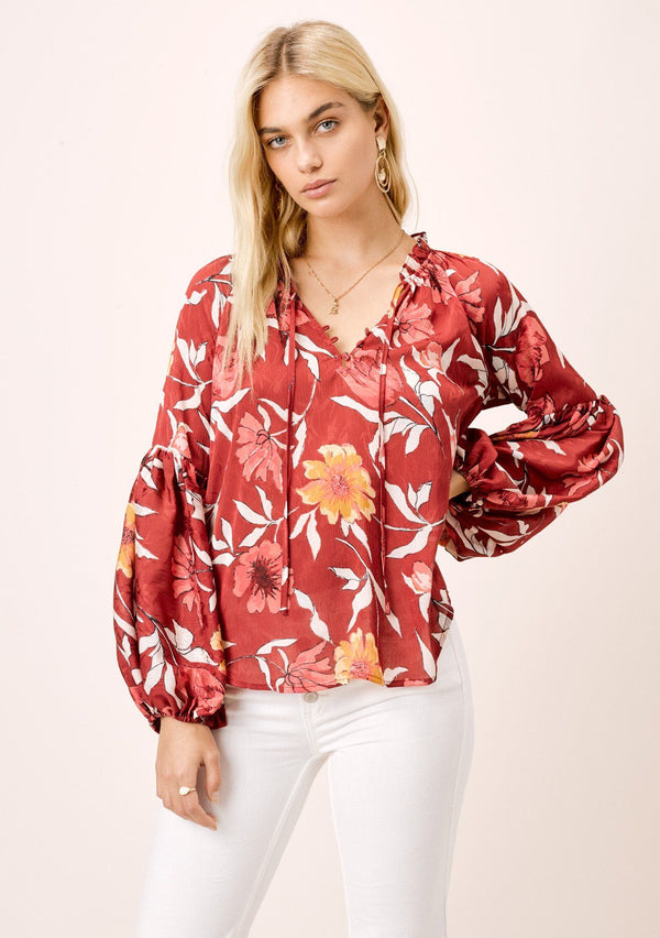 [Color: Wine/Gold] Lovestitch satin chiffon, large floral printed blouse with ruffled neck