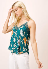 [Color: Teal/Caramel] Lovestitch silken, teal, large floral printed cami with lace trim