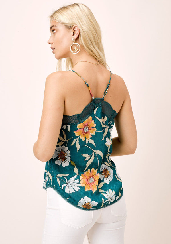 [Color: Teal/Caramel] Lovestitch silken, teal, large floral printed cami with lace trim