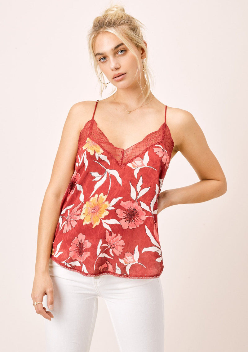 [Color: Wine/Gold] Lovestitch silken, wine, large floral printed cami with lace trim