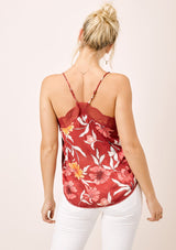 [Color: Wine/Gold] Lovestitch silken, wine, large floral printed cami with lace trim