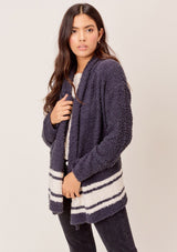 [Color: Graphite/Sand] Lovestitch graphite/sand Long sleeve, dreamy soft, draped front cardigan with striped detail. 