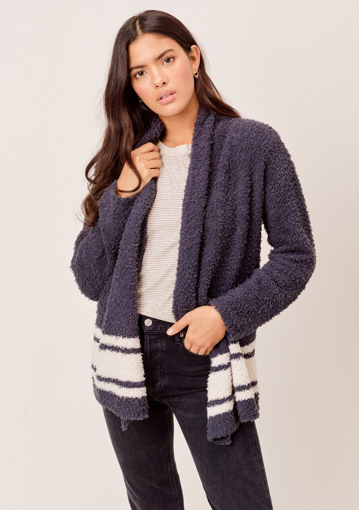 Striped Button-Front Fuzzy Cardigan
