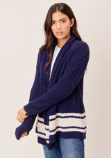 [Color: Navy/Sand] Lovestitch navy/sand Long sleeve, dreamy soft, draped front cardigan with striped detail. 