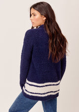 [Color: Navy/Sand] Lovestitch navy/sand Long sleeve, dreamy soft, draped front cardigan with striped detail. 