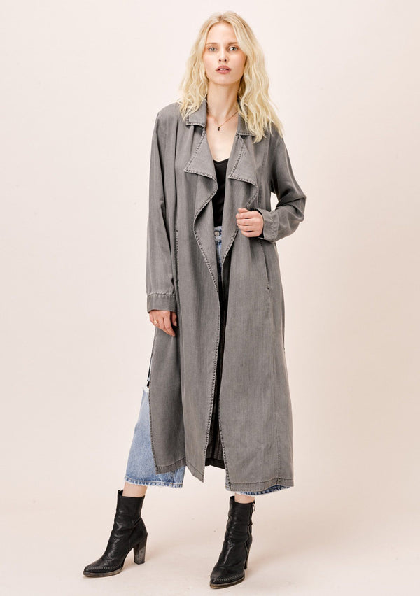 [Color: Charcoal] Lovestitch grey tencel high slit open trench coat