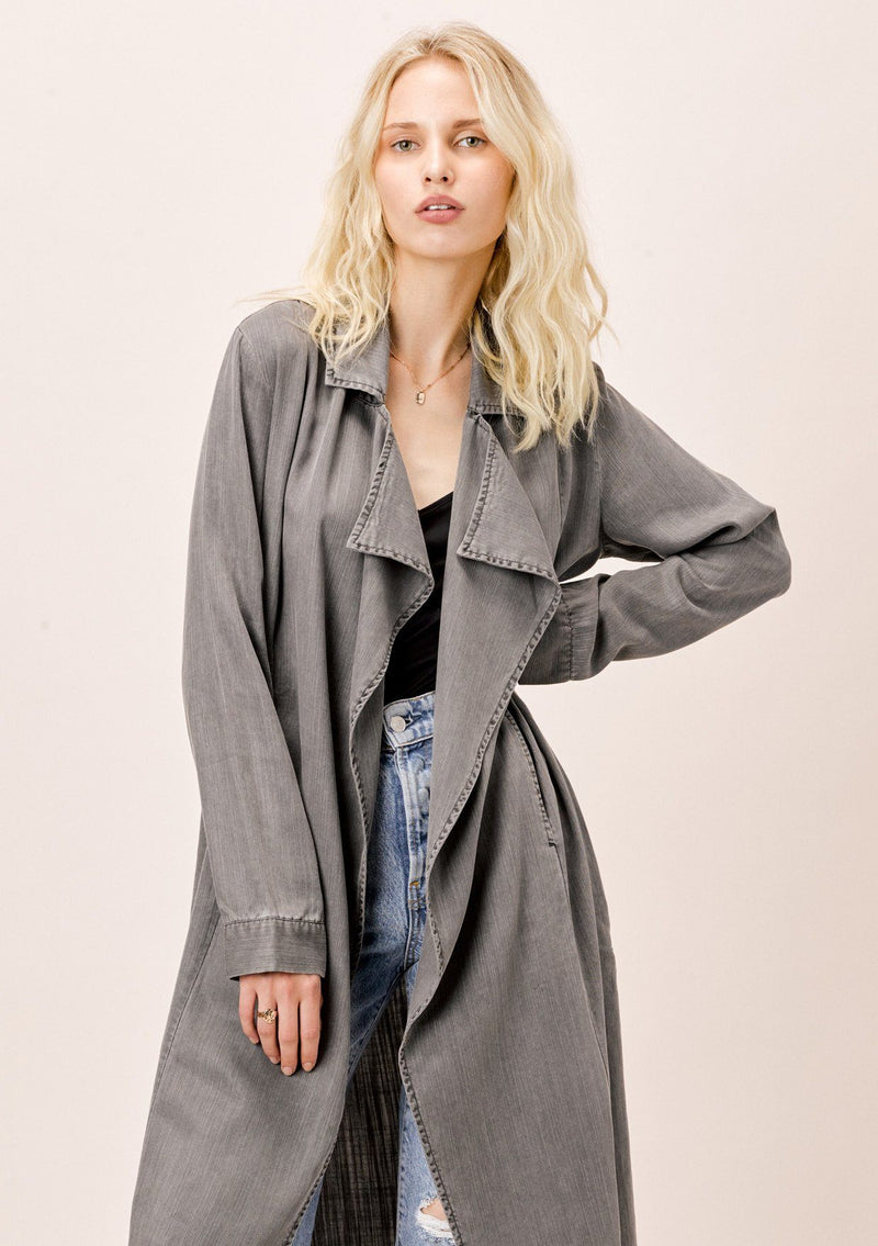 [Color: Charcoal] Lovestitch grey tencel high slit open trench coat