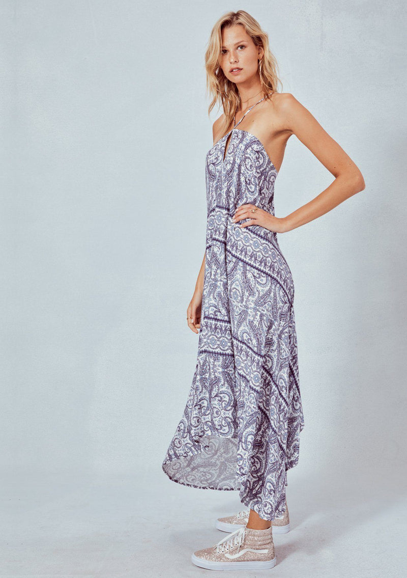 [Color: Blue] Lovestitch blue & white paisley printed, halter style dress.