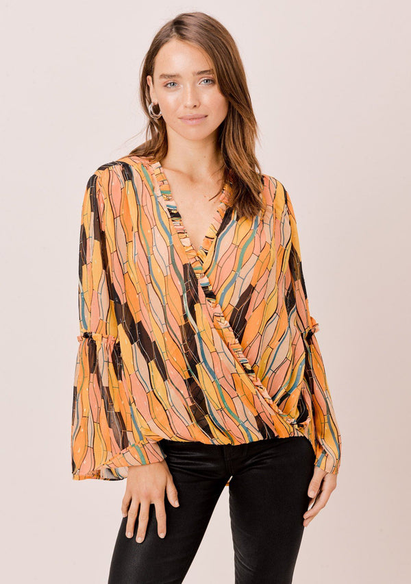 [Color: Honey Gold] Lovestitch Retro printed, surplice top with bell sleeves and ruffled detail. 
