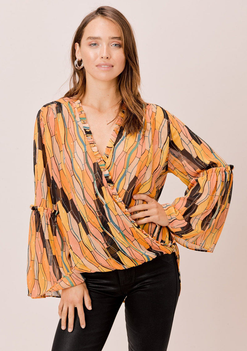 [Color: Honey Gold] Lovestitch Retro printed, surplice top with bell sleeves and ruffled detail. 