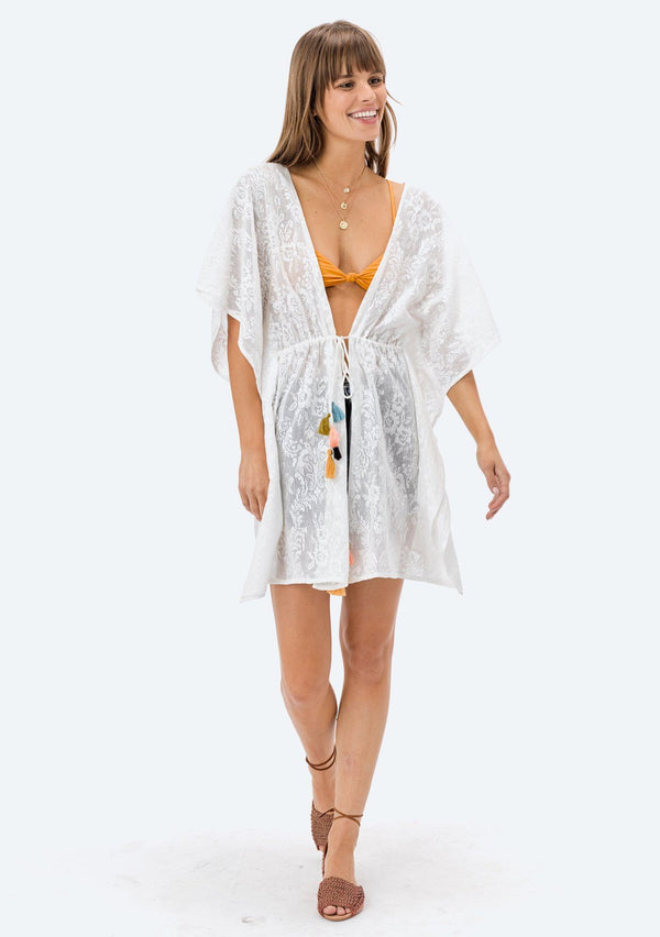 [Color: Off White] Lovestitch lightweight, cotton lace swim cover up kimono can be worn open or tied at the waist.