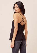 [Color: Black] Lovestitch black Sexy, lace trim cami with criss cross back strap detail and flattering silhouette.