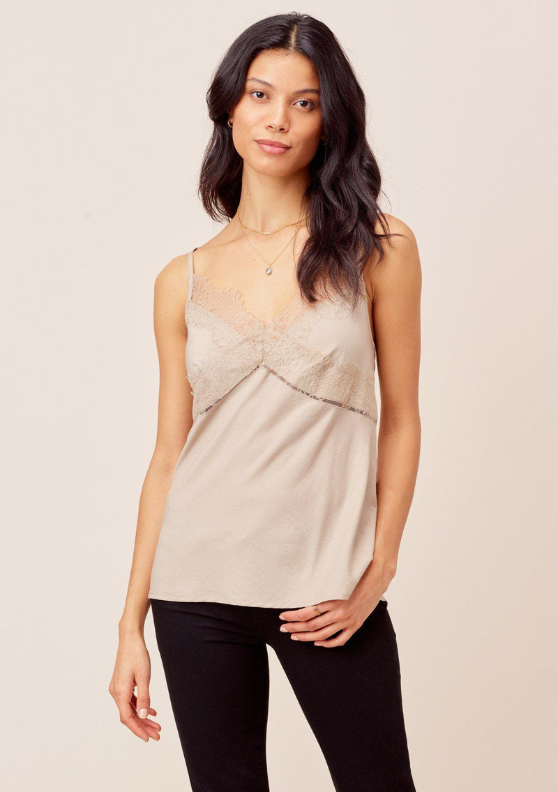 [Color: Stone] Lovestitch stone Sexy, lace trim cami with criss cross back strap detail and flattering silhouette.