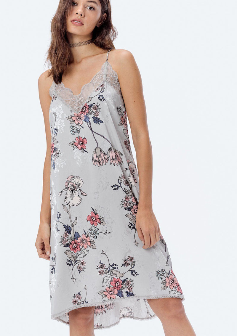 [Color: Stone/Rose] Sexy silky floral lace trim slip dress mid length