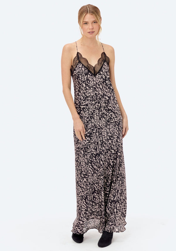 [Color: Black/Taupe] Lovestitch silky, bias-cut, abstract animal printed, lace trimmed maxi slip dress.