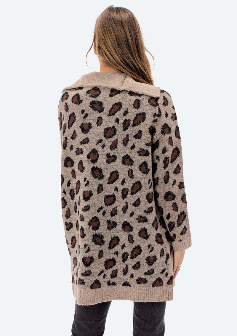 [Color: Camel] Lovestitch brown, cozy, long sleeve, leopard jacquard coatigan.