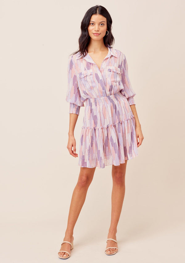 [Color: Lilac/Blush] Lovestitch Lilac/Blush printed, button top mini dress with three quarter length sleeves and smocked elastic waist