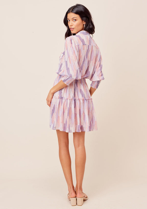 [Color: Lilac/Blush] Lovestitch Lilac/Blush printed, button top mini dress with three quarter length sleeves and smocked elastic waist