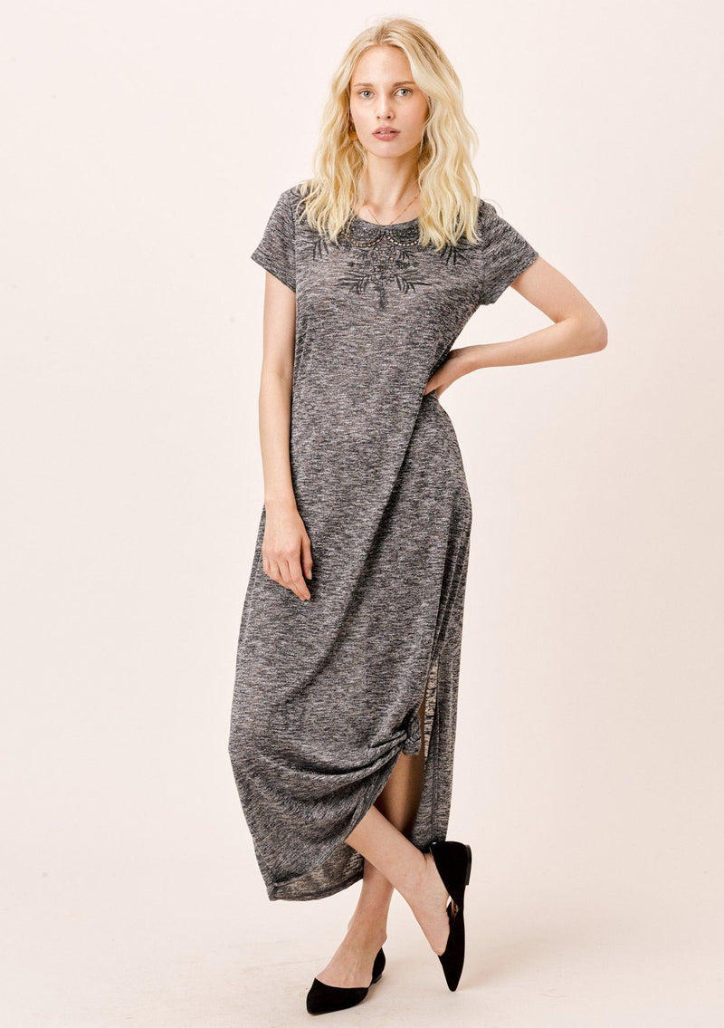 [Color: Black] Lovestitch Short Sleeve Melange Knit Dress with Tonal Cutout Embroidered Detail Black 