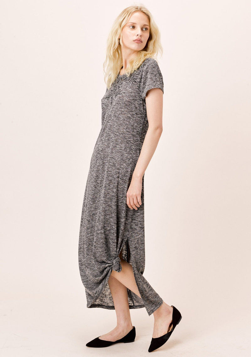 [Color: Black] Lovestitch Short Sleeve Melange Knit Dress with Tonal Cutout Embroidered Detail Black 