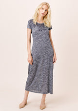 [Color: Indigo] Lovestitch Short Sleeve Melange Knit Dress with Tonal Cutout Embroidered Detail Indigo