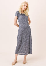 [Color: Indigo] Lovestitch Short Sleeve Melange Knit Dress with Tonal Cutout Embroidered Detail Indigo