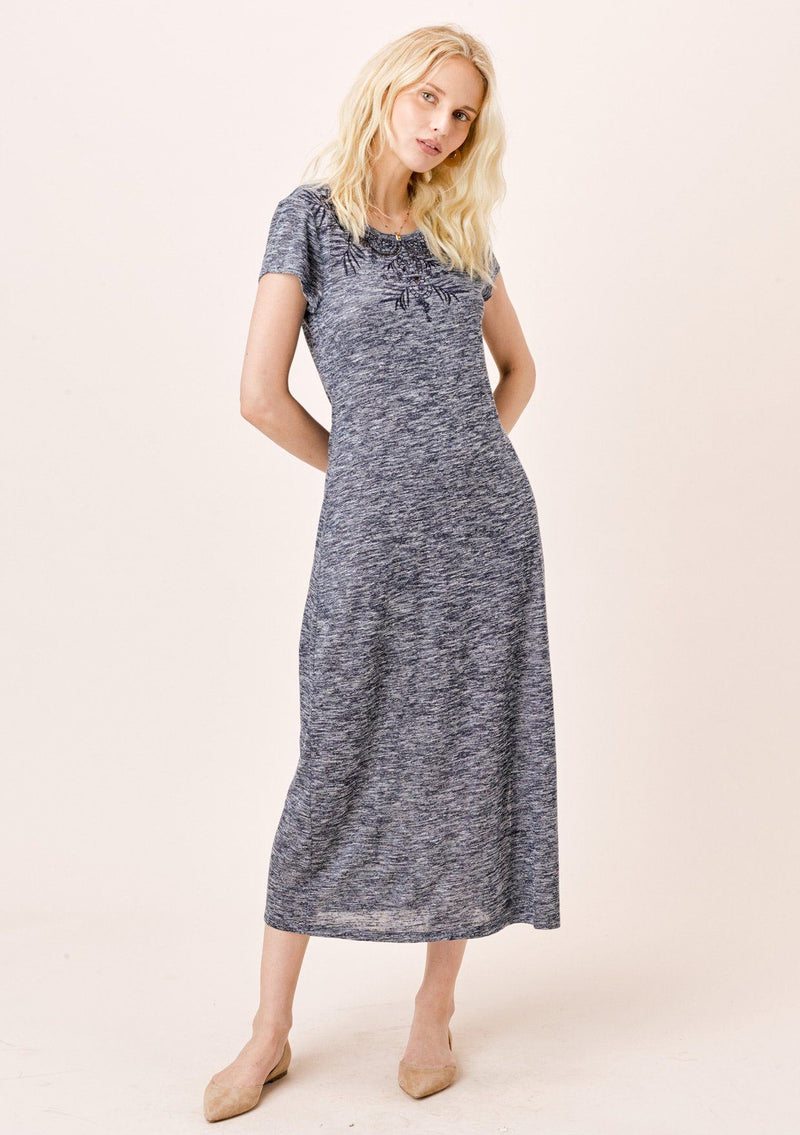 [Color: Indigo] Lovestitch Short Sleeve Melange Knit Dress with Tonal Cutout Embroidered Detail Indigo
