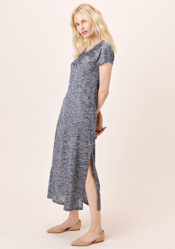 [Color: Indigo] Lovestitch Short Sleeve Melange Knit Dress with Tonal Cutout Embroidered Detail Indigo