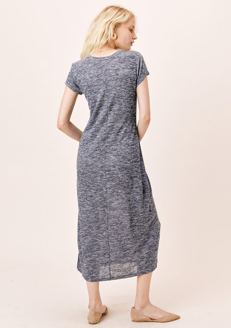 [Color: Indigo] Lovestitch Short Sleeve Melange Knit Dress with Tonal Cutout Embroidered Detail Indigo