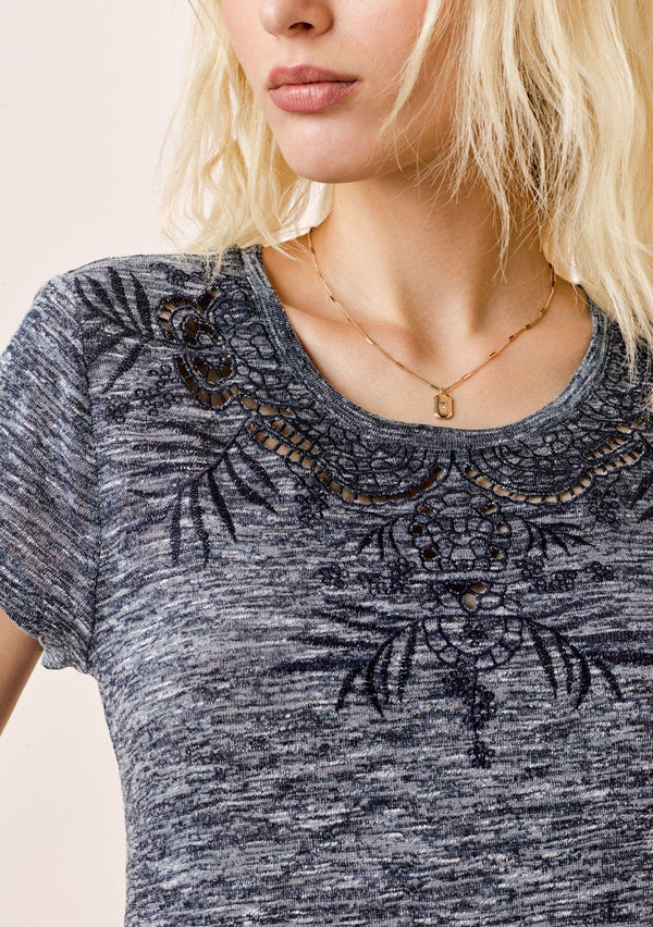 [Color: Indigo] Lovestitch Short Sleeve Melange Knit Dress with Tonal Cutout Embroidered Detail Indigo