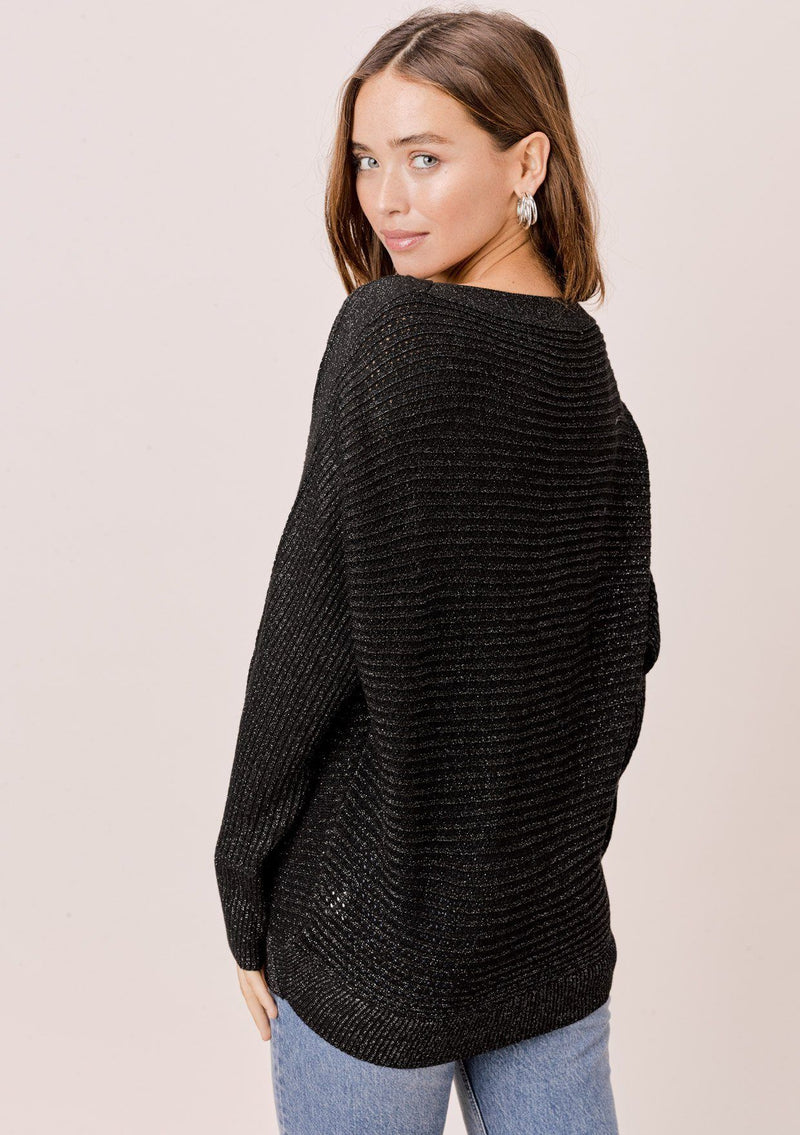 [Color: Black/Silver] A sparkly and sophisticated bateau neck sweater featuring open stitch details and flattering dolman sleeves. The subtle metallic detail catches the light as you move.
