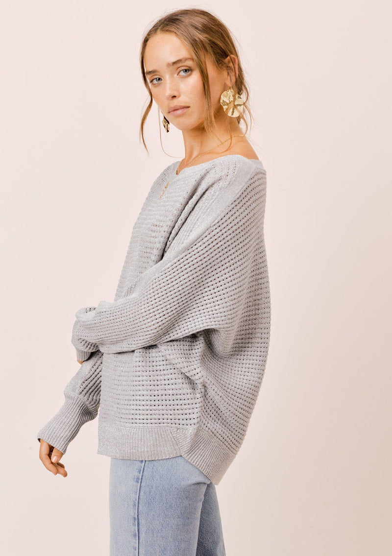[Color: Silver/Silver] A sparkly and sophisticated bateau neck sweater featuring open stitch details and flattering dolman sleeves. The subtle metallic detail catches the light as you move.