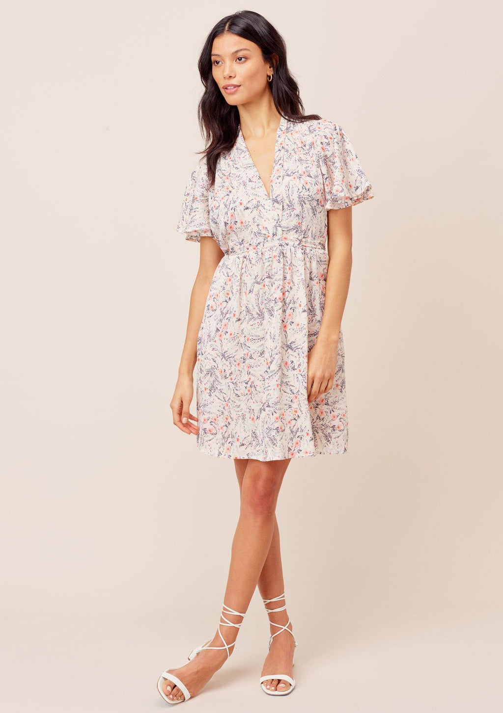 White Floral Flutter Sleeve Mini Dress | LOVESTITCH