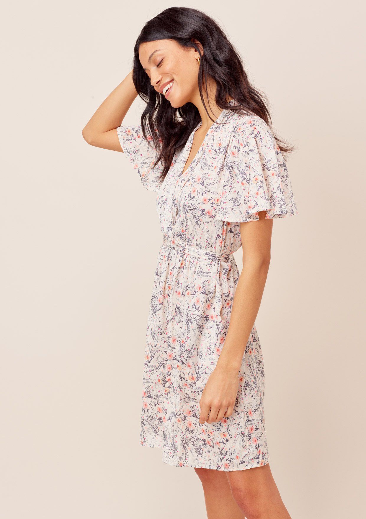 White Floral Flutter Sleeve Mini Dress | LOVESTITCH