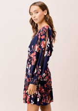 [Color: Navy/Blush/Olive] Lovestitch floral printed split sleeve mini dress smocked waist dress